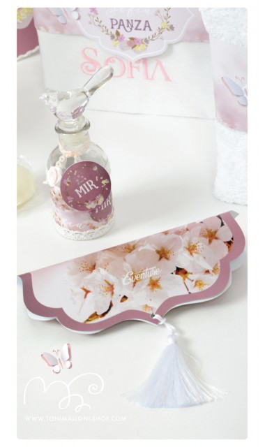 Trusou de botez brodat cu fluturi roz si flori cires, Flori de cires amare 7